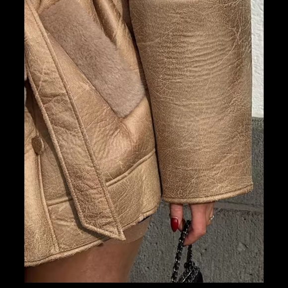 Winter Thick Plush Women PU Leather Jackets With Belts - Picture 7 of 10